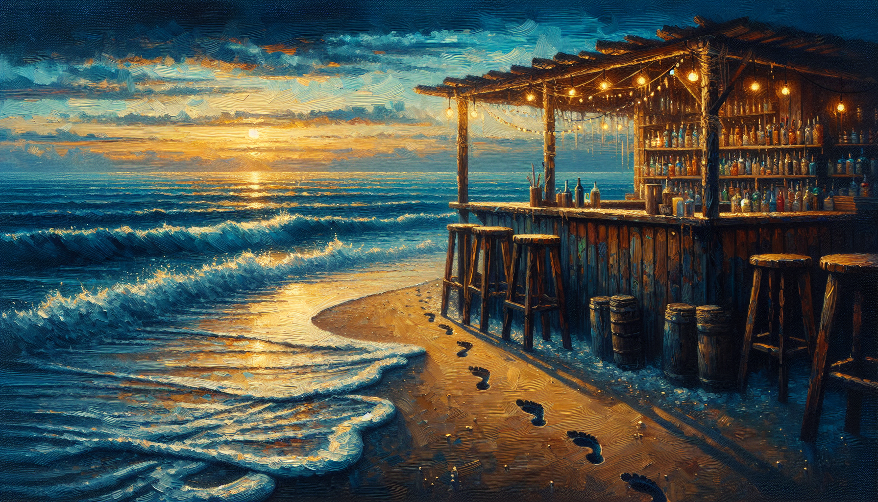 Footprints being erased by tide at beach bar