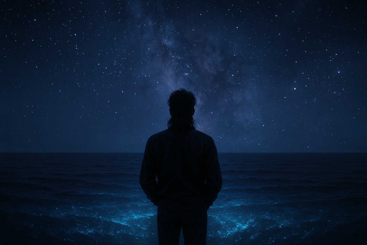 A lone figure standing at the edge of dark water under a starlit sky, consciousness dissolving into the cosmic ocean