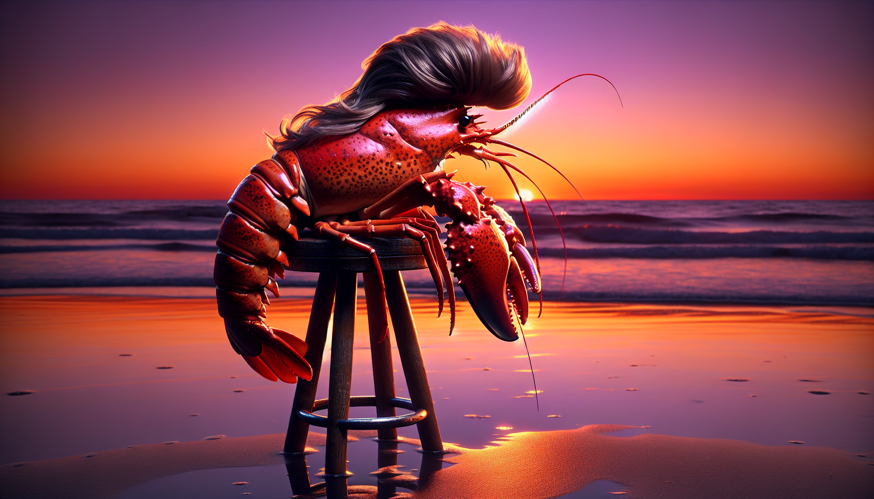 A lobster with a mullet reflecting during golden hour