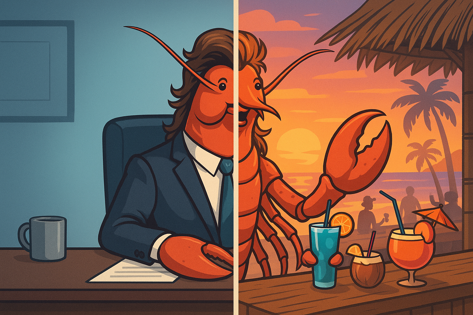 A split-screen illustration showing a professional lobster with a mullet transitioning from business to party