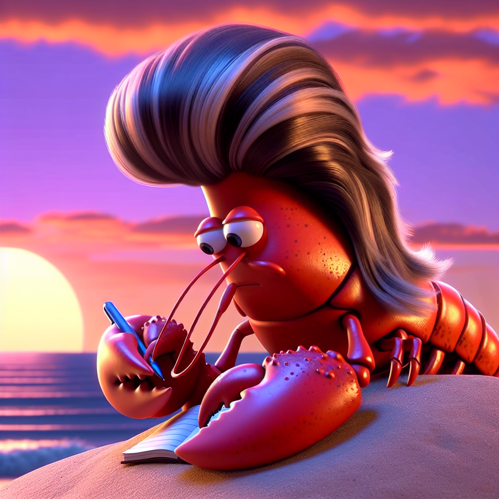 Lobster writing in journal at sunset