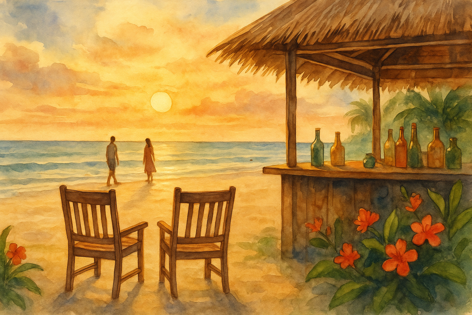 Two chairs facing the ocean at sunset